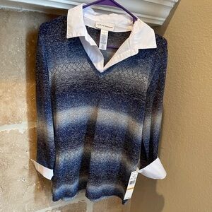 NWT Alfred Dunner Blue White Space Dye Pullover Collared Woven Tunic 90’s Y2K S